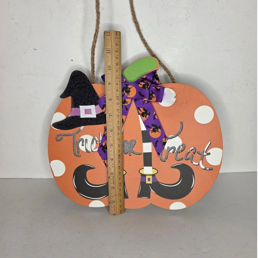 Halloween Trick or Treat Light Up Pumpkin Door Hanger Witch Hat Polka Dot Sign